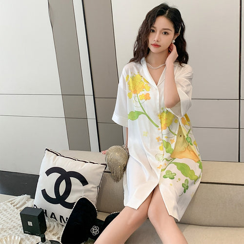 Load image into Gallery viewer, Women&#39;s Summer Lapel Leisure Pajamas Large Size Medium Long Skirt Nightgown Sweet Girls Cartoon Cardigan Home Clothes
