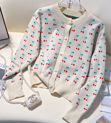 Preppy Style Women Cardigan Sweater Casual O Neck Button Up Knitted Cherry Fall Ladies Coat Korean Loose Female Sweater Top