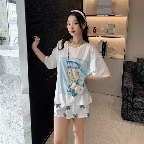 Load image into Gallery viewer, Women&#39;s Silk like Pajamas Cute Short Sleeve Shorts Two Piece Set Round Neck Summer Outwear Casual Home Clothing
