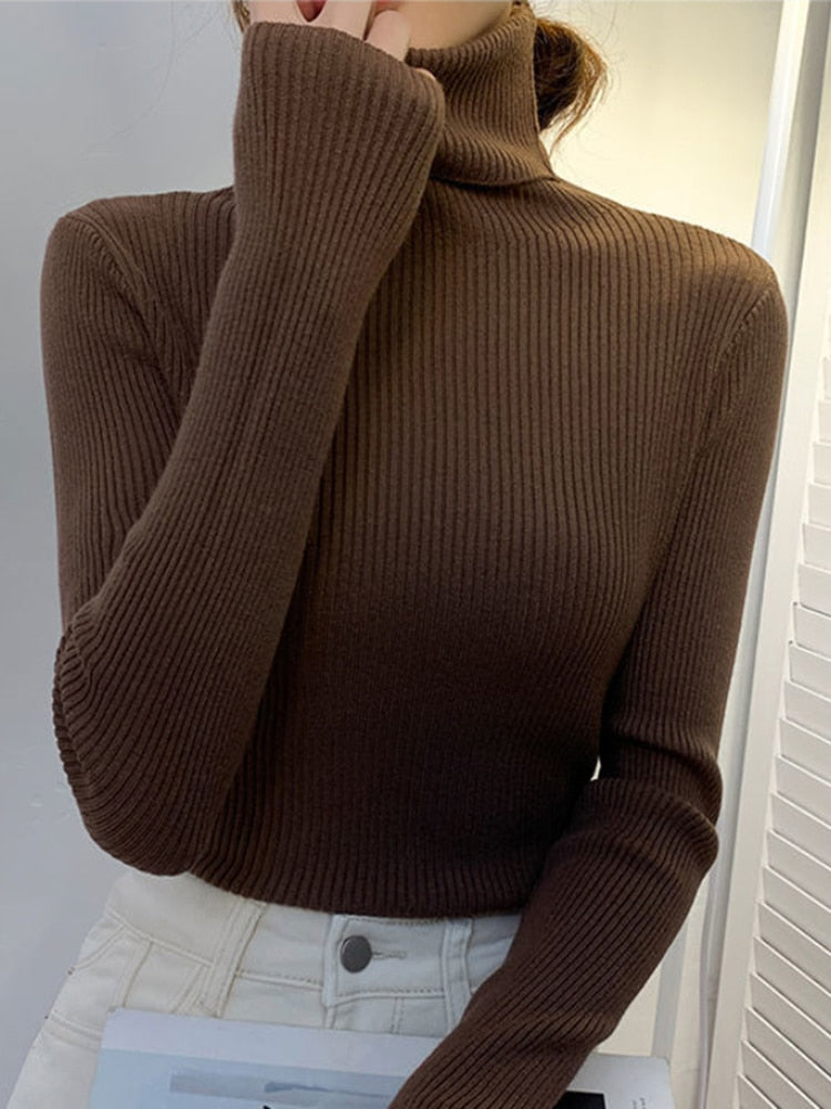 Women Pullover Turtleneck Sweater Autumn Long Sleeve Slim Elastic Korean Simple Basic Cheap Jumper Solid Color Top