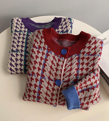 Houndstooth Women Cardigan Sweater Fashion Plaid Loose Korean Single Breasted Patchwork Office Ladies Knitted Coat