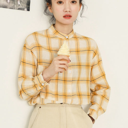 Load image into Gallery viewer, Cotton Women Shirts Preppy Style Yellow Plaid New 2022 Long Sleeve Student Shirt Elegant Designed Spring Fashion Tops
