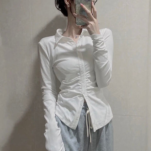 Load image into Gallery viewer, Sexy Shirts Skinny Grey Y2k Long Sleeve Pleated Tops Elegant Chic Korean Fashion Streetwear Office Ladies Blouses
