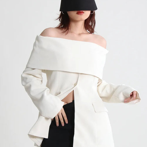 Load image into Gallery viewer, Straight Solid Slash Neck Blazer For Women Long Sleeve Off Shoulder Minimalist Blazers Female Clothing Fashion
