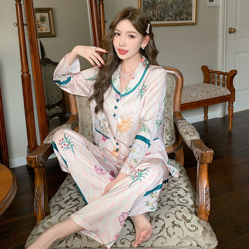 Load image into Gallery viewer, Spring Autumn Silk Like Pajamas Women&#39;s Long Sleeve Pants Fashion Cardigan Flower Print Loose Homewear Two Piece Set
