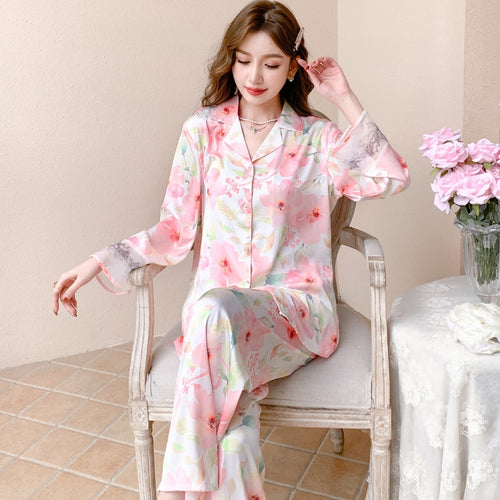 Load image into Gallery viewer, Luxury Women&#39;s Pajamas Thin Cool Simulation Silk Lapel Long Sleeve Home Clothing Set Satin Chiffon Leisure Homewear
