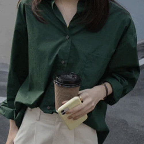 Load image into Gallery viewer, Blue Women Shirt Designed Long Sleeve Korean Office Ladies Button Up Shirts Loose All Match Solid Green Female Tops
