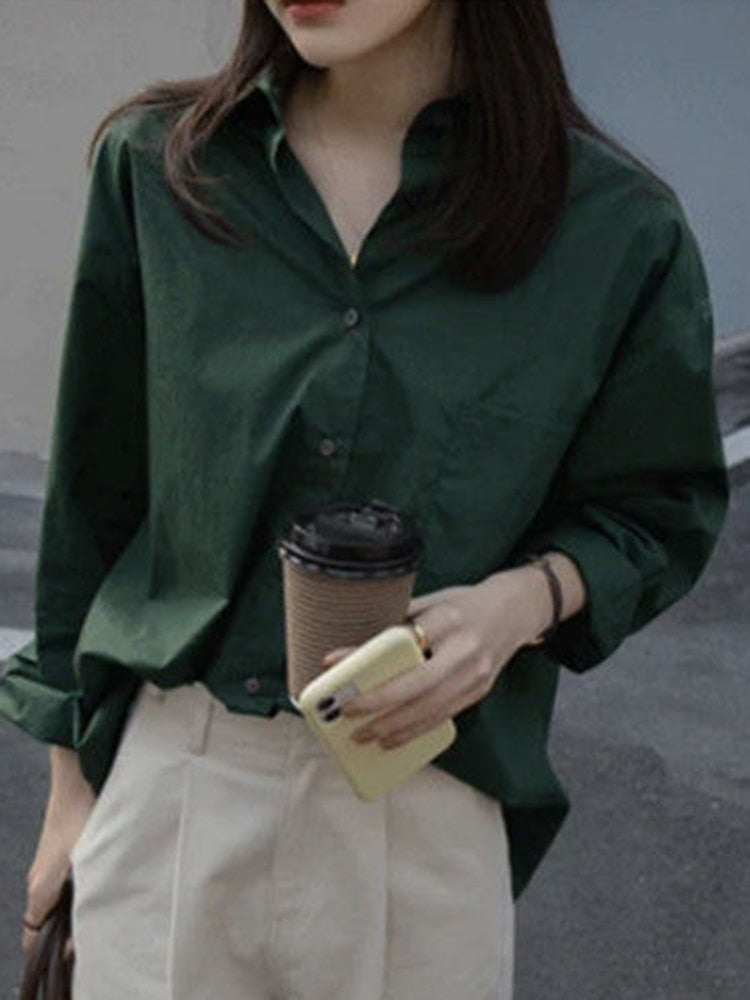 Blue Women Shirt Designed Long Sleeve Korean Office Ladies Button Up Shirts Loose All Match Solid Green Female Tops