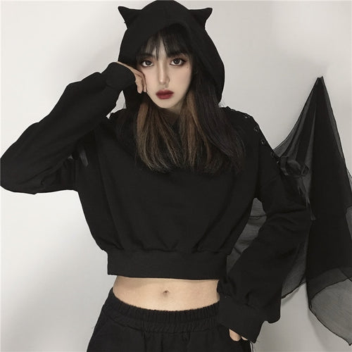 Load image into Gallery viewer, Harajuku Women Hoodies Black Gothic Hooded Bandage Long Sleeve Autumn Crop Top Sexy Club Pullover Streetwear Hoodies
