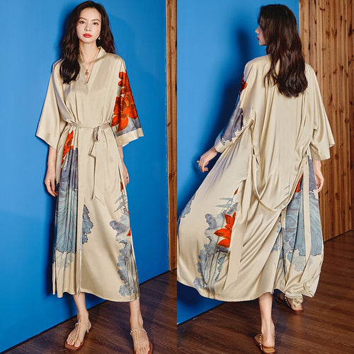 Load image into Gallery viewer, High Quality Women&#39;s Pajamas Long Robe Floral Sleepwear Silk Like Sexy Bathrobe Homewear Luxury Nightwear peignoir femme
