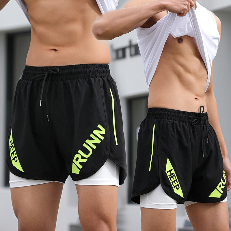 2 in 1 Shorts Men Fitness Training Exercise Jogging Short Trousers Liner Zipper Pocket Workout Quick Dry Beach Running Shorts