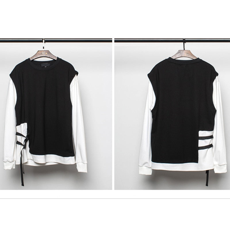 Hip Hop Sweatshirt Men Ribbon Patchwork Fake Two Pieces Sweat Shirt Fashion Harajuku Pullover Black Streetwear Men Clothes