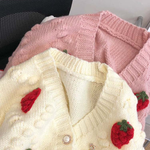 Load image into Gallery viewer, Fashion 3D Strawberry Women Cardigan Winter Elegant Pearl Button Casual V Neck Ladies Knitted Sweater Long Sleeve Coat
