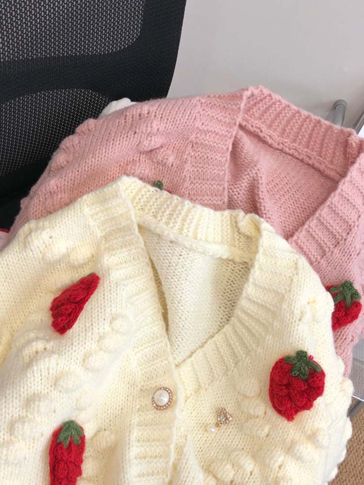 Fashion 3D Strawberry Women Cardigan Winter Elegant Pearl Button Casual V Neck Ladies Knitted Sweater Long Sleeve Coat