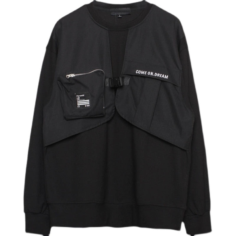 Hip Hop Fake Two Sweatshirt Men Patchwork Pocket Sweat Shirt Fashion Harajuku Functional Pullover Black Men Clothes