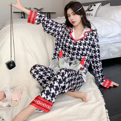 Load image into Gallery viewer, High Quality Women&#39;s Silk Like Pajamas Spring Summer Satin Long Sleeve Pants Set Plaid Print Cardigan Lapel Home Clothes
