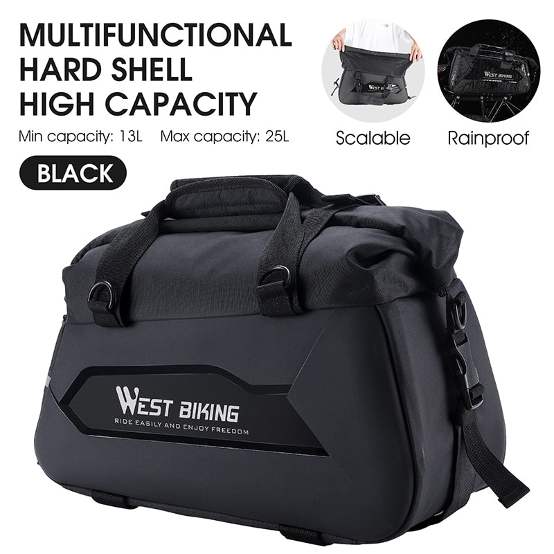 13-25L Expandable Bike Trunk Bag MTB Hard Shell Bicycle Rear Carrier Bag Waterproof Travel Suitcases Shoulder Bag