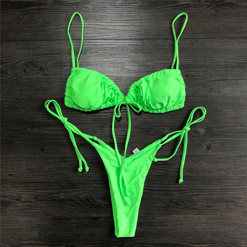 Load image into Gallery viewer, Wrinkled Lace Up Mini Thong Bikini Female Swimsuit Women Swimwear Two-Pieces Bikini set Tie Dye Bather Bathing Suit Swim V2552B
