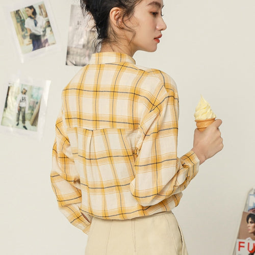 Load image into Gallery viewer, Cotton Women Shirts Preppy Style Yellow Plaid New 2022 Long Sleeve Student Shirt Elegant Designed Spring Fashion Tops

