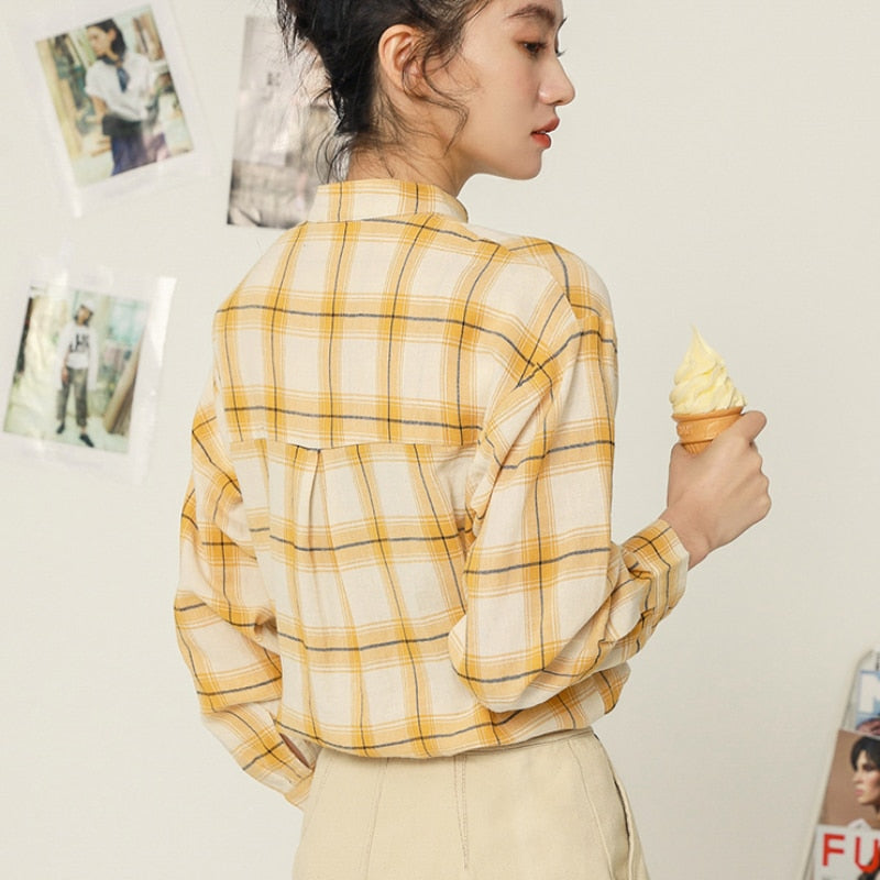 Cotton Women Shirts Preppy Style Yellow Plaid New 2022 Long Sleeve Student Shirt Elegant Designed Spring Fashion Tops