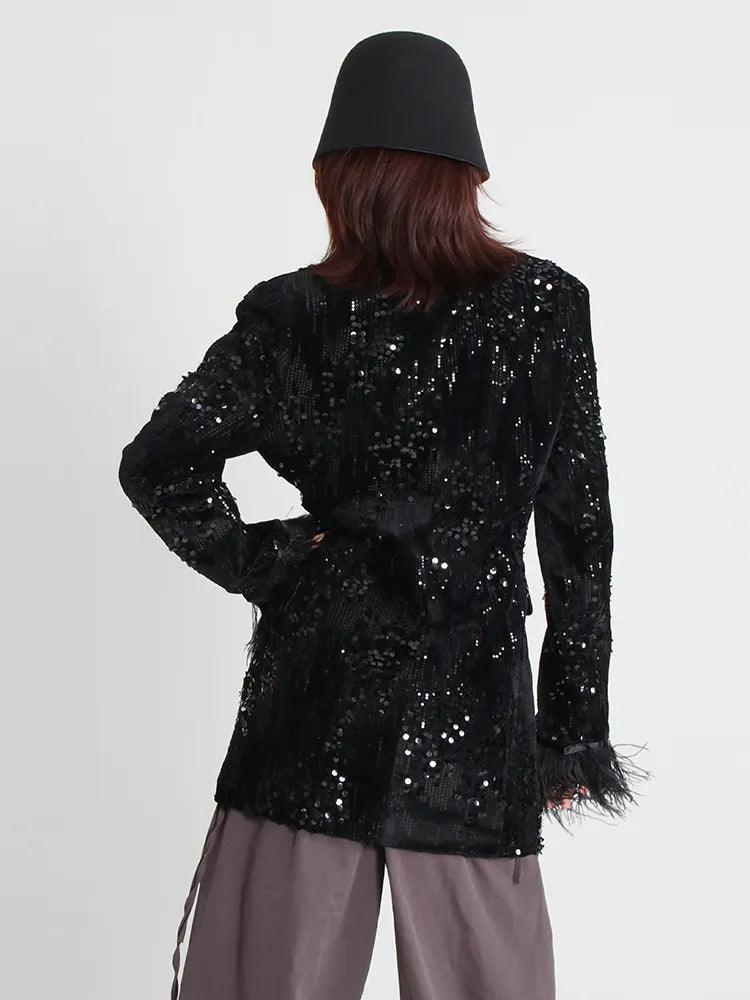 Patchwork Sequins Feather Blazers For Women Nnotched Long Sleeve Single Breasted Slim Blazewr Female Autumn Clothes