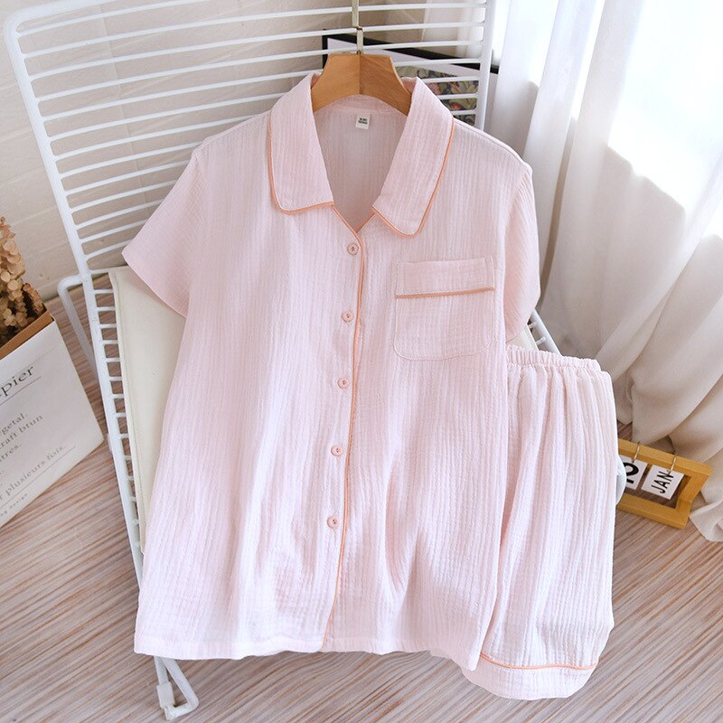 Woven Cotton Pajamas Women's Summer Thin Short Sleeve Shorts Two Piece Set Sweet Solid Color Lapel Cardigan Homewear