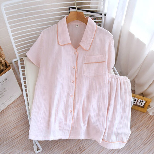 Load image into Gallery viewer, Woven Cotton Pajamas Women&#39;s Summer Thin Short Sleeve Shorts Two Piece Set Sweet Solid Color Lapel Cardigan Homewear
