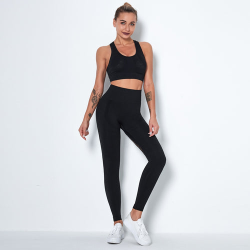Load image into Gallery viewer, Gym Set Women Seamless Patchwork Mesh Sports Bra Leggings Active Wear Women Fitness Outfits Running Suits Workout Clothes

