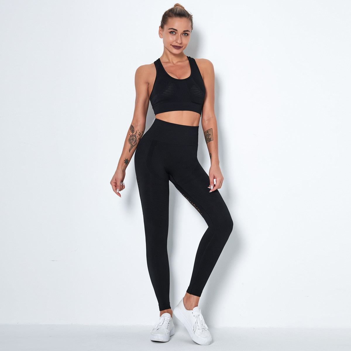 Gym Set Women Seamless Patchwork Mesh Sports Bra Leggings Active Wear Women Fitness Outfits Running Suits Workout Clothes