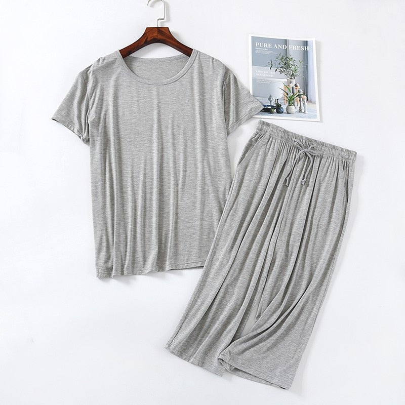 Summer Men's Pajamas Set Solid Color Breathable Modal Viscose Sleepwear Short Sleeve Homewear Simple Casual Suit Male