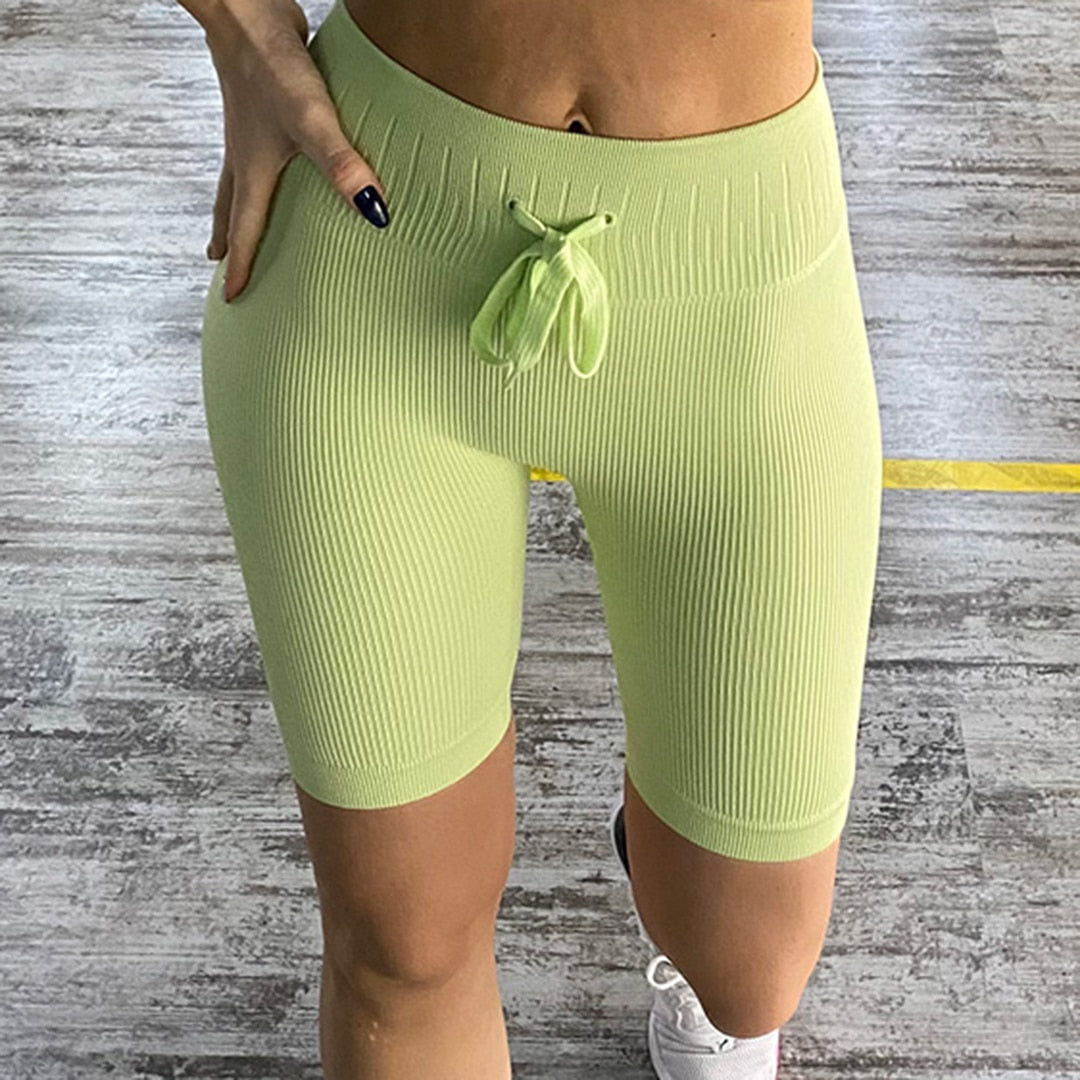 Ribbed Yoga Set Sportwear Cross Sports Bra Drawstring Shorts Women Seamless Fitness Workout Suit Outfit Gym Clothing A064XBS
