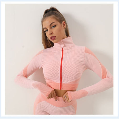Load image into Gallery viewer, 2/3 Pieces Seamless Women Yoga Set Fitness Crop Top Bra Zipper Long Sleeve Jacket High-Waisted Tight Pants Gym Exercise Clothing
