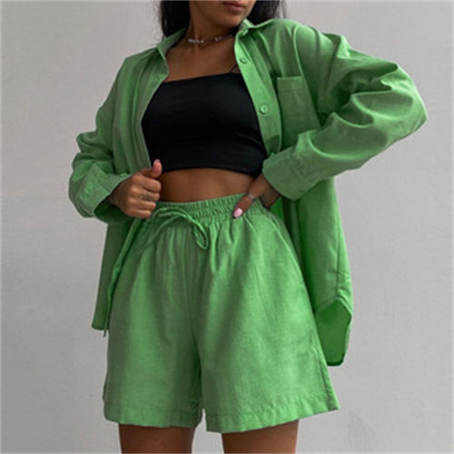 Load image into Gallery viewer, Women&#39;s Pajamas Set Summer Solid Color Fashion Suit Casual Wear Leisure Long Sleeve Shirt Shorts Female 2pcs Homewear
