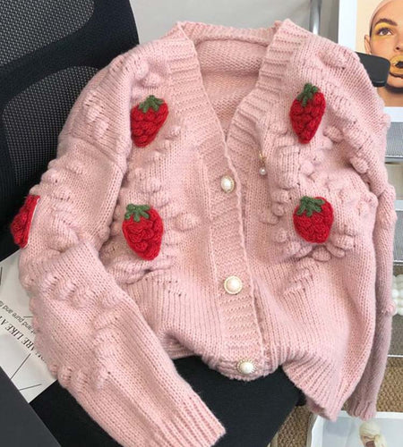 Fashion 3D Strawberry Women Cardigan Winter Elegant Pearl Button Casual V Neck Ladies Knitted Sweater Long Sleeve Coat