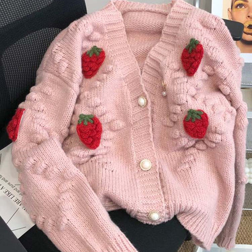 Load image into Gallery viewer, Fashion 3D Strawberry Women Cardigan Winter Elegant Pearl Button Casual V Neck Ladies Knitted Sweater Long Sleeve Coat
