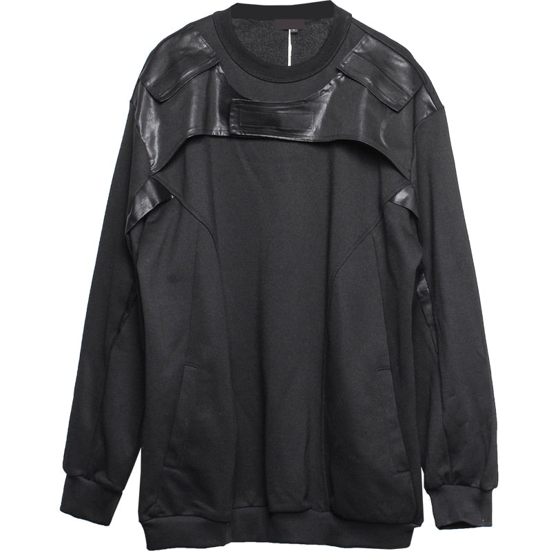 Men PU Patchwork Sweatshirt Hip Hop Streetwear Goth Punk Pullover Fashion Harajuku Functional Sweat Shirt Tops Men Clothing