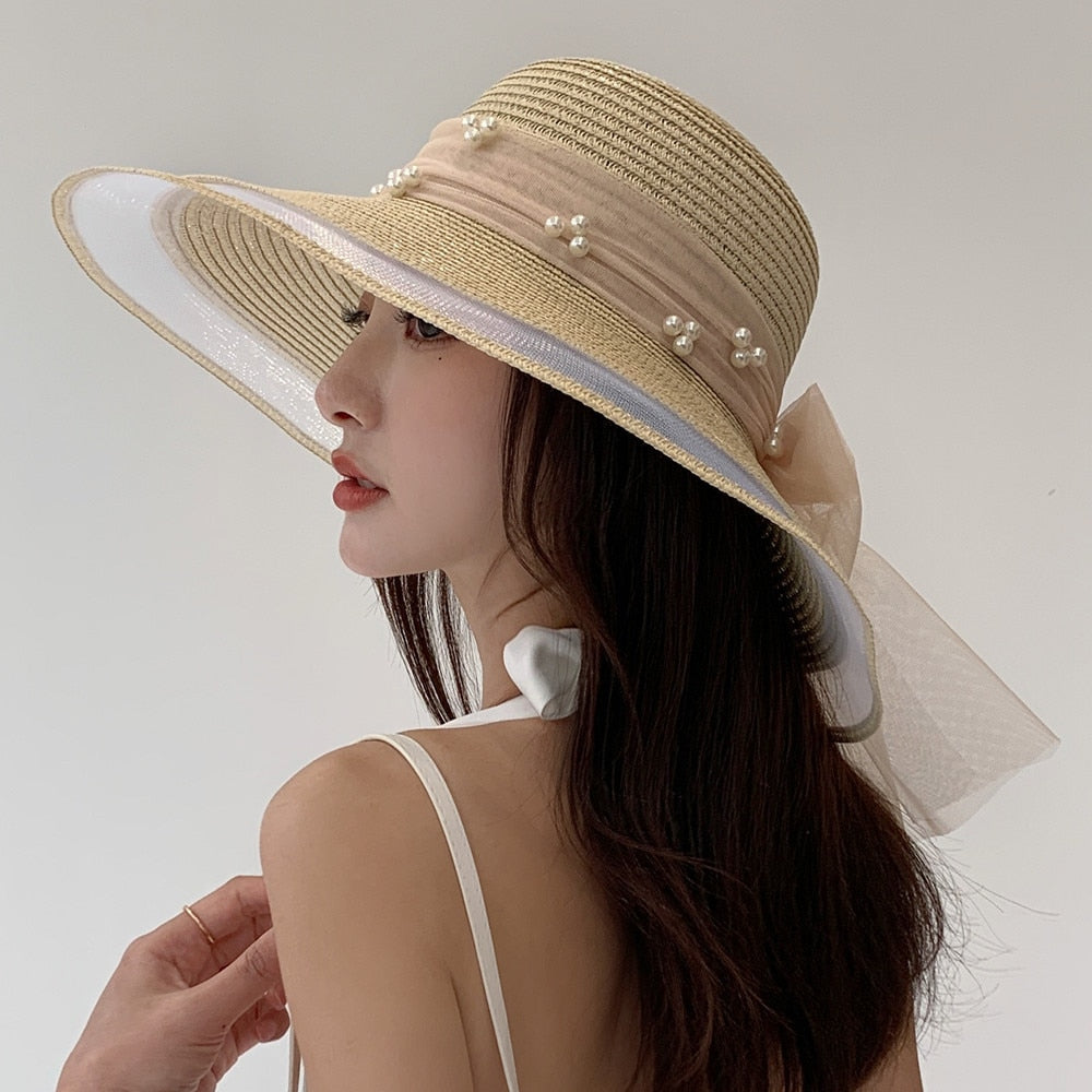 Women's Summer Hat Fashion Wave Mesh Pearl Design Straw Sun Hat Female Travel  Beach Bucket Hat