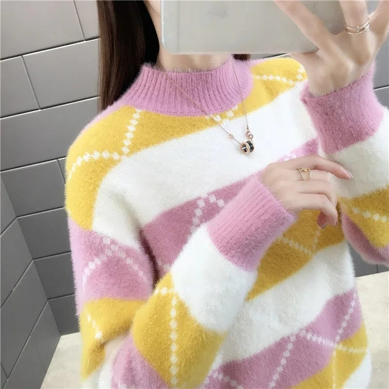 Argyle Women Pullover Sweater Winter Thick Warm Student Knitted Jumper Cute Pink Patchwork Korean Loose Ladies Coats
