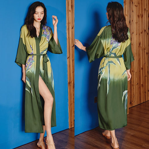 Load image into Gallery viewer, High Quality Women&#39;s Pajamas Long Robe Floral Sleepwear Silk Like Sexy Bathrobe Homewear Luxury Nightwear peignoir femme
