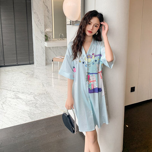 Load image into Gallery viewer, Women&#39;s Summer Lapel Leisure Pajamas Large Size Medium Long Skirt Nightgown Sweet Girls Cartoon Cardigan Home Clothes
