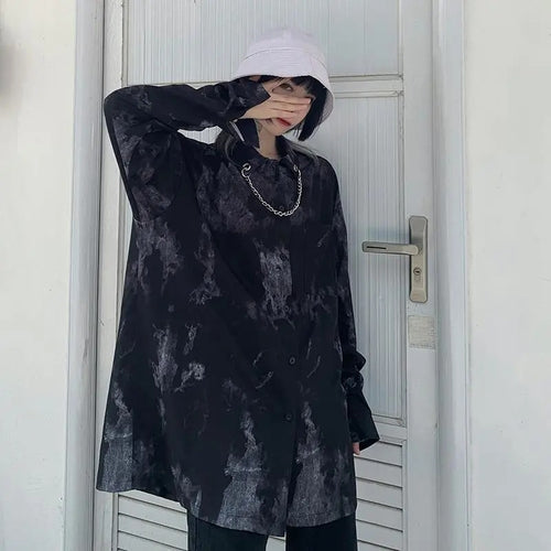 Load image into Gallery viewer, Oversize Tie Dye Women Shirts Dark Academic Long Sleeve Chain Bear Button Up Oversize Tops Gothic Streetwear Black Shirt
