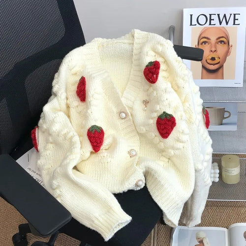 Load image into Gallery viewer, Fashion 3D Strawberry Women Cardigan Winter Elegant Pearl Button Casual V Neck Ladies Knitted Sweater Long Sleeve Coat
