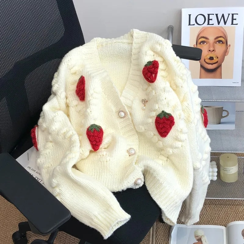 Fashion 3D Strawberry Women Cardigan Winter Elegant Pearl Button Casual V Neck Ladies Knitted Sweater Long Sleeve Coat