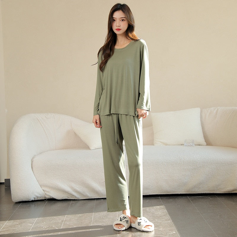 Women's Pajamas Set Simple Solid Color Soft Viscose Modal Sleepwear Leisure Nightwear Casual 2pcs Homewear Nightie Femme