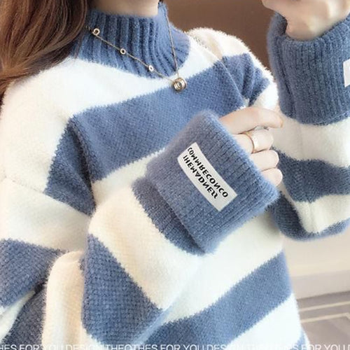 Load image into Gallery viewer, Women Half Turtleneck Sweater Autumn Fashion Striped Loose Pullover Knit Jumper Long Sleeve Letter Top Casual Warm Blouse
