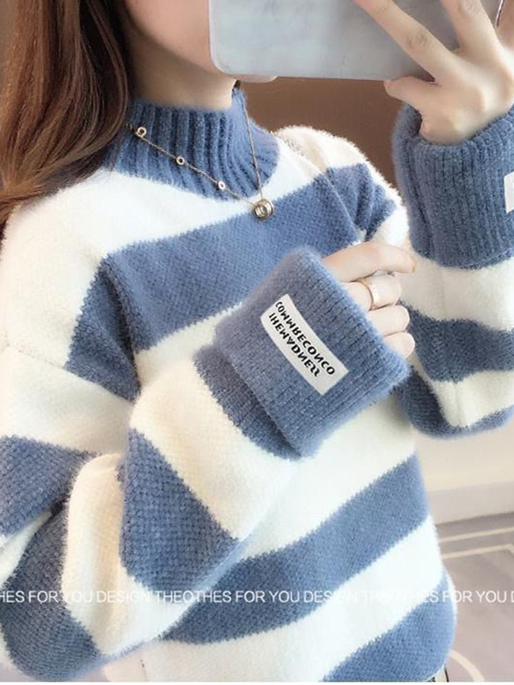 Women Half Turtleneck Sweater Autumn Fashion Striped Loose Pullover Knit Jumper Long Sleeve Letter Top Casual Warm Blouse