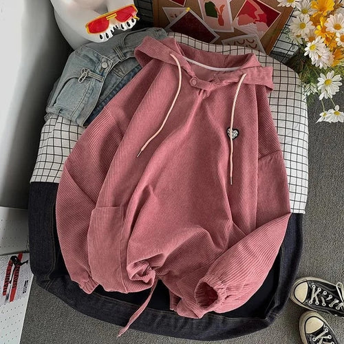 Load image into Gallery viewer, Hoodies Women Corduroy Solid Color Vintage Sweatshirts Spring Autumn Long Sleeve Casual Oversize BF Loose All Match Tops

