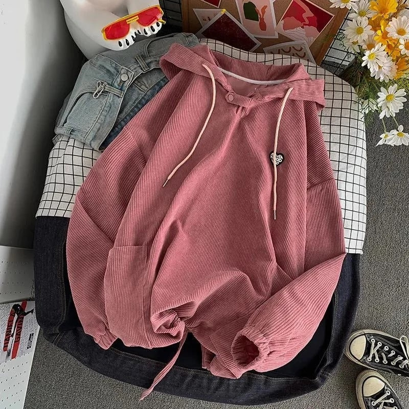Hoodies Women Corduroy Solid Color Vintage Sweatshirts Spring Autumn Long Sleeve Casual Oversize BF Loose All Match Tops