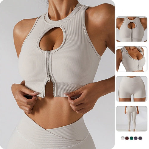 Load image into Gallery viewer, Yoga Sets Womens 2 Piece Sexy Cutout Zipper Crop Top Leggings Suits Fitness Sports Bra Shorts Gym Set Outfits Workout Clothes
