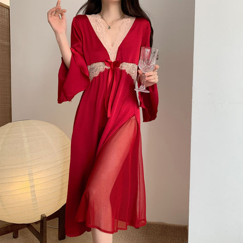 Load image into Gallery viewer, Women&#39;s Pajamas Sexy Long Dress Bell Sleeve Silk Like Homewear Deep V Skirt Sexy Lace Dress Sleepdress Nightgown Femme
